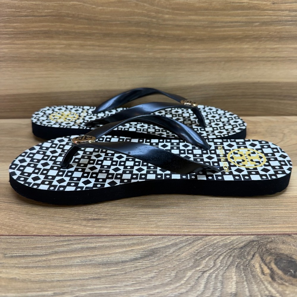 Tory Burch Flip Flop Thong Sandals Womens 6 Black White Geometric Travel Resort - Picture 6 of 10